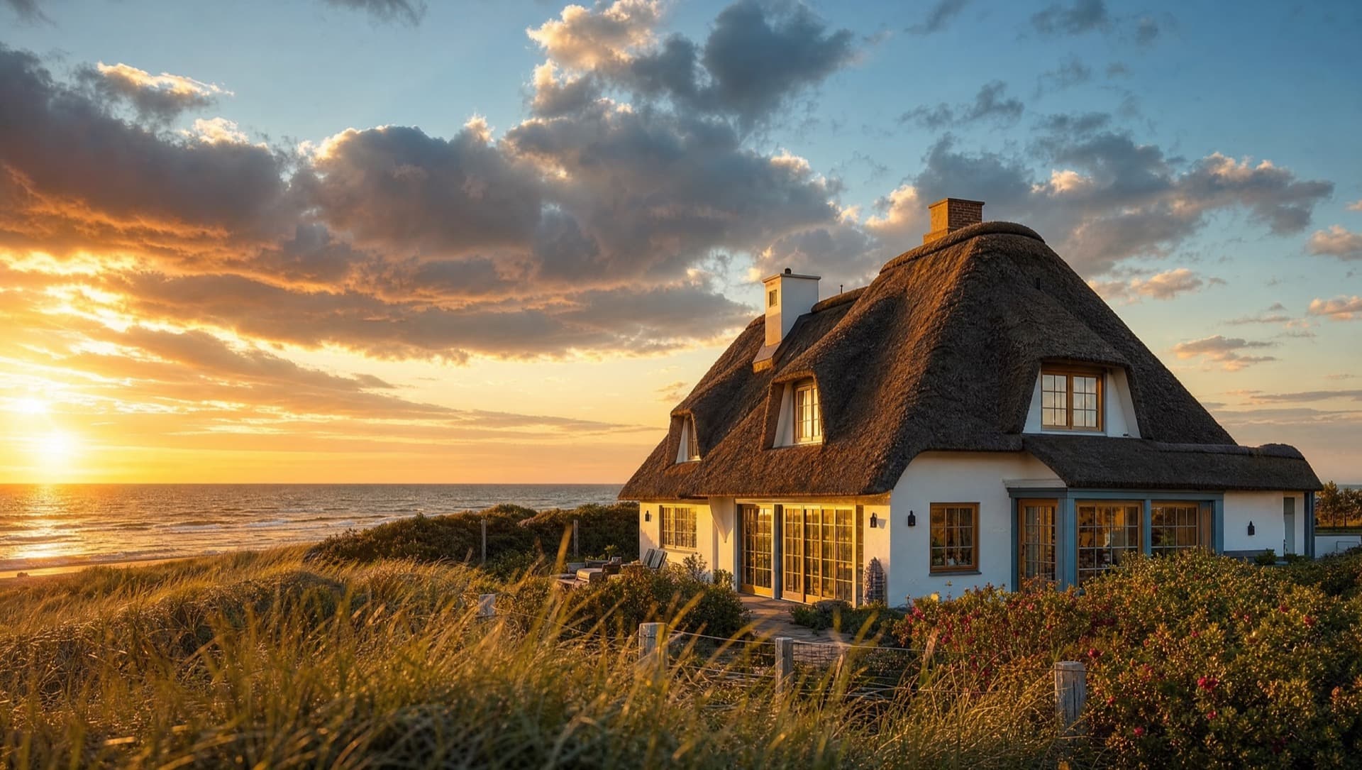 Panoramablick auf den Strand und die Dünen von Sylt bei Sonnenuntergang