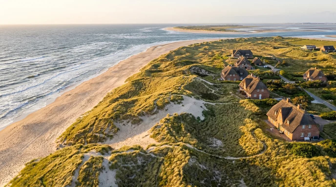 Sylt Strand mit Reetdachhäusern — Finanzierungsrechner